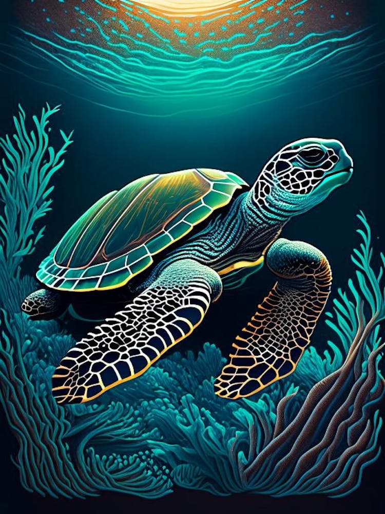 Sea Turtle In Deep Ocean, Sea Turtle Retro 1