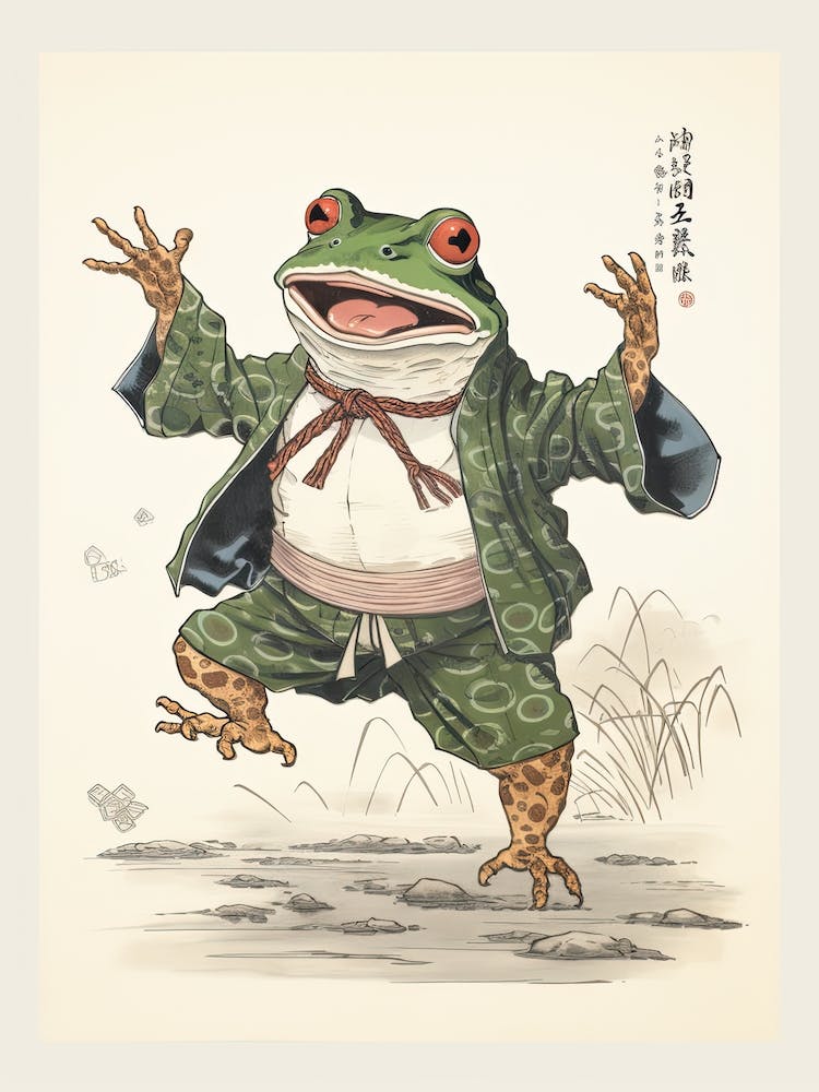 Frog Dancing, Matsumoto Hoji Inspired Japanese Woodblock 2