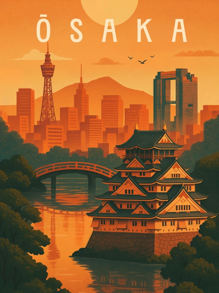 Osaka Travel Poster Japan – Castle & Sunset Skyline of Japan: A peaceful cityscape of Osaka with its historic castle at sunset. This Japanese travel poster reflects harmony between tradition and downtown energy – perfect for fans of zen, river views, and Asian architecture.