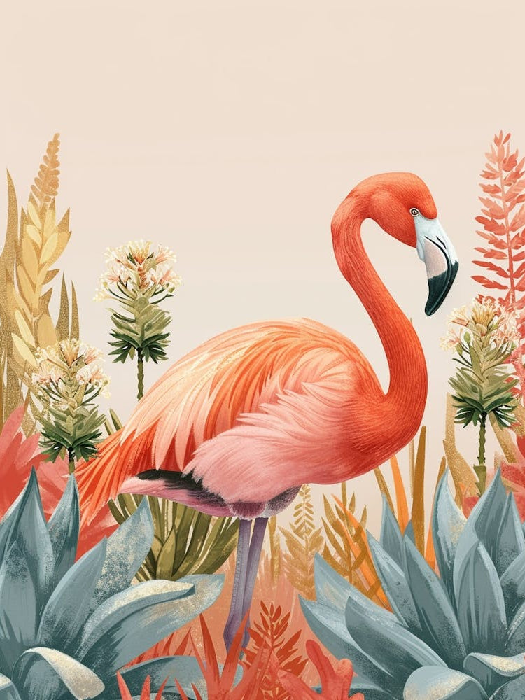 Andean Flamingo And Bromeliads Minimalist Illustration 1