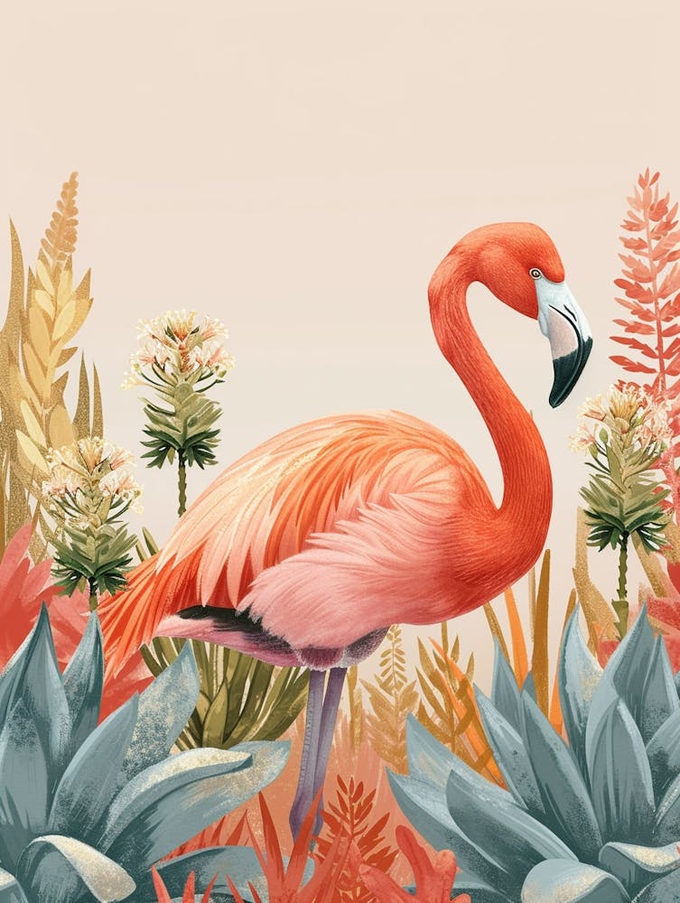 Andean Flamingo And Bromeliads Minimalist Illustration 1