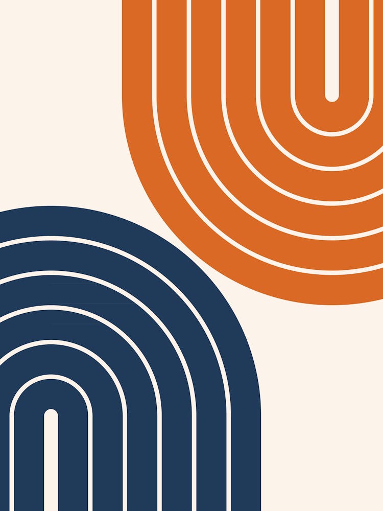 Midcentury Modern Geometric Rainbow Vi In Navy Blue And Orange 01