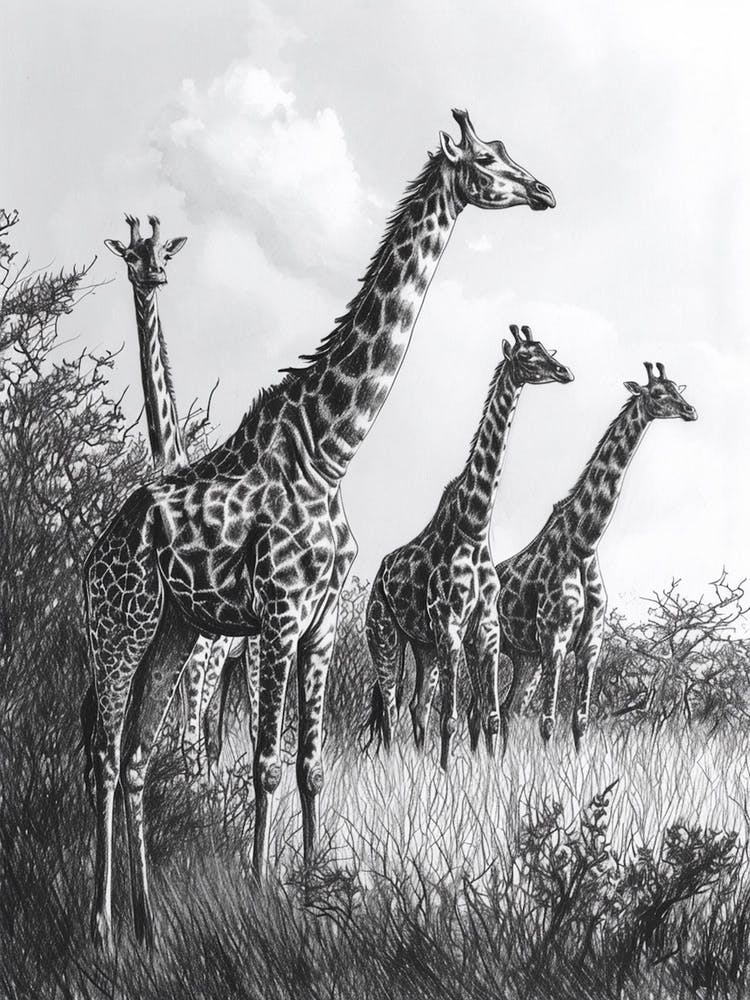 Pencil Portrait Herd Of Giraffes In The Wild  1