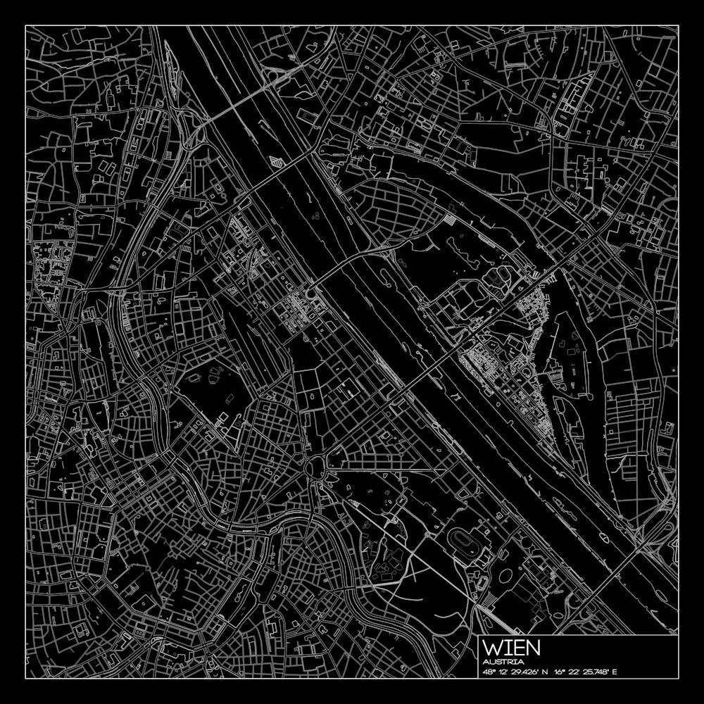 Wien Austria city map white on black blueprint design