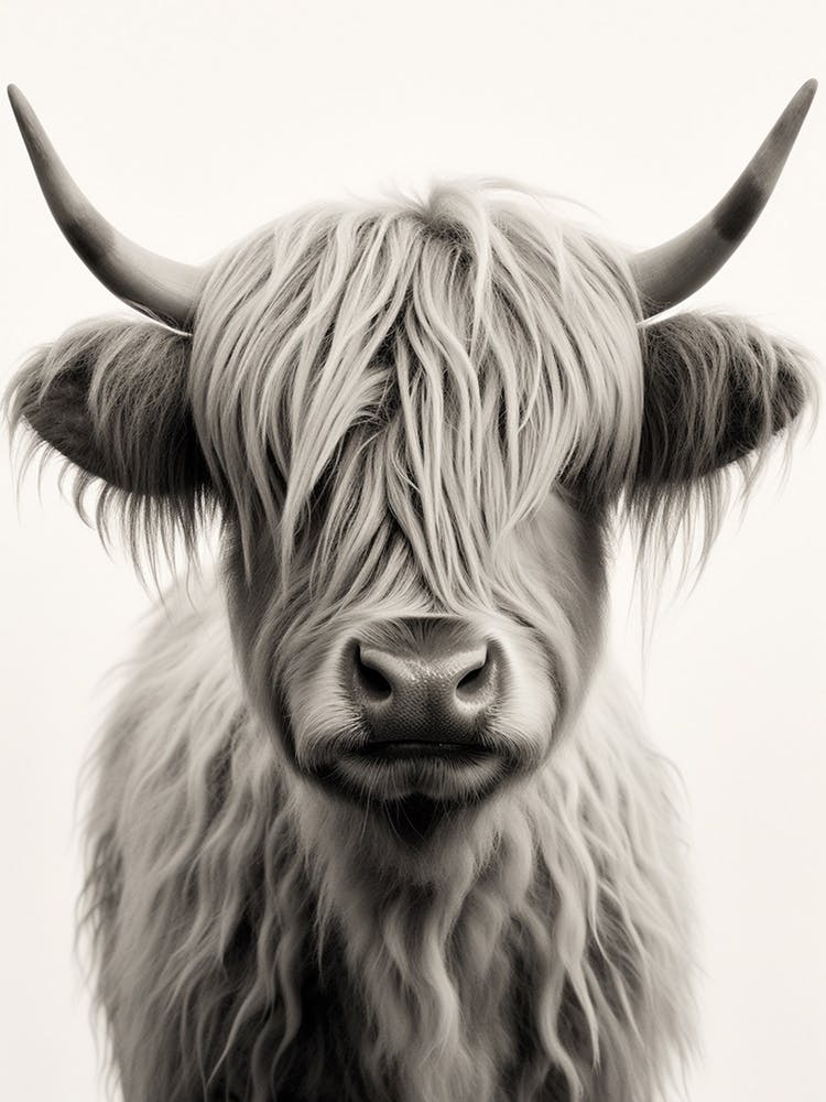 Black & White Watercolour Illustration Of Highland Cow 4