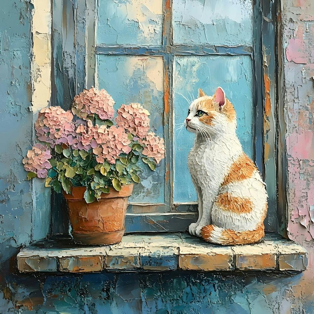 Cat In Window With Flowers 20