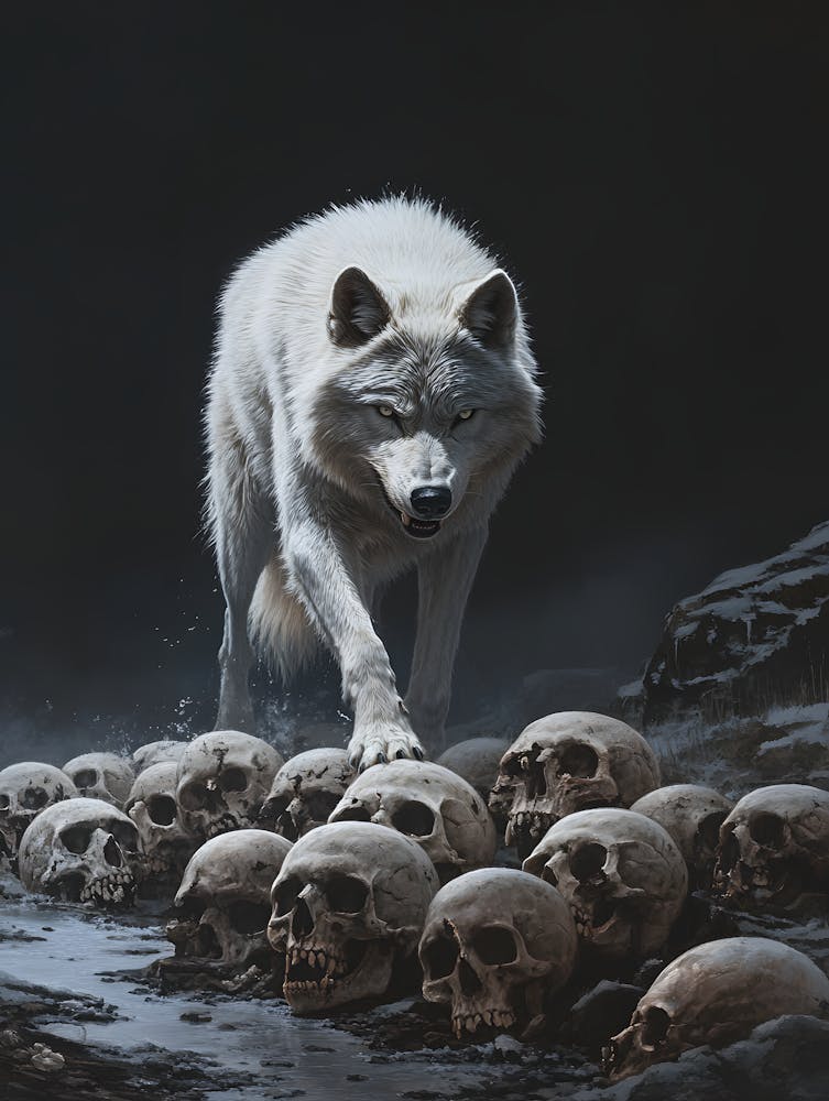 White Wolf Stepping Across Skulls