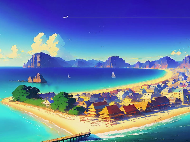 Japan, Okinawa, anime city on the bay — City Pop art, anime landscape poster, retrowave/vaporwave poster, 80s, panoramic poster. Hayao Miyazaki style