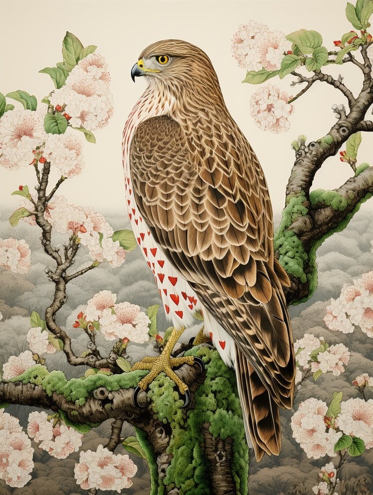 Ohara Koson Inspired Bird Painting Red Tailed Hawk 3