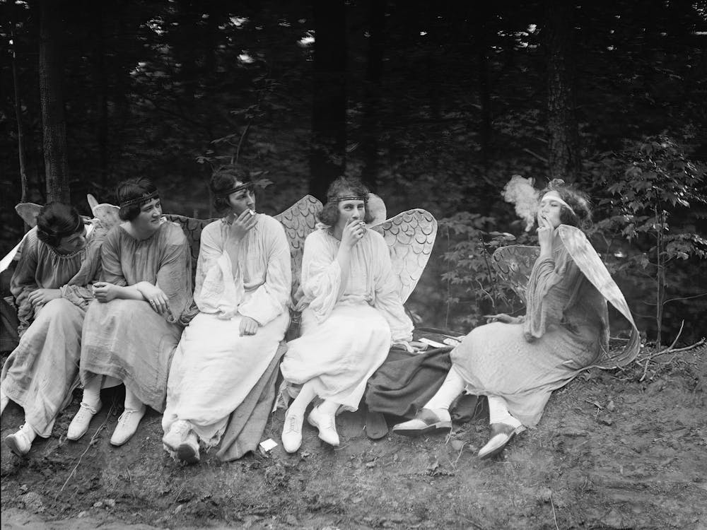 Angels Smoking Cigarettes, Funny Vintage Black and White Old Photo