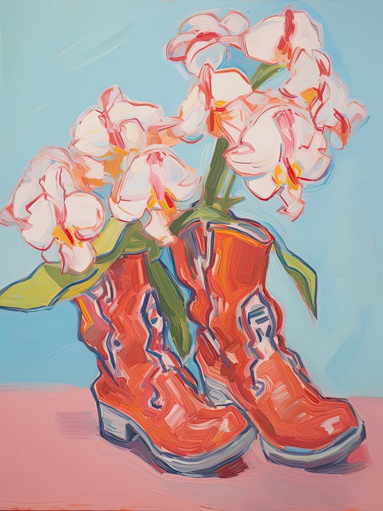 A Painting Of Cowboy Boots With Pink Flowers, Fauvist Style, Still Life 12