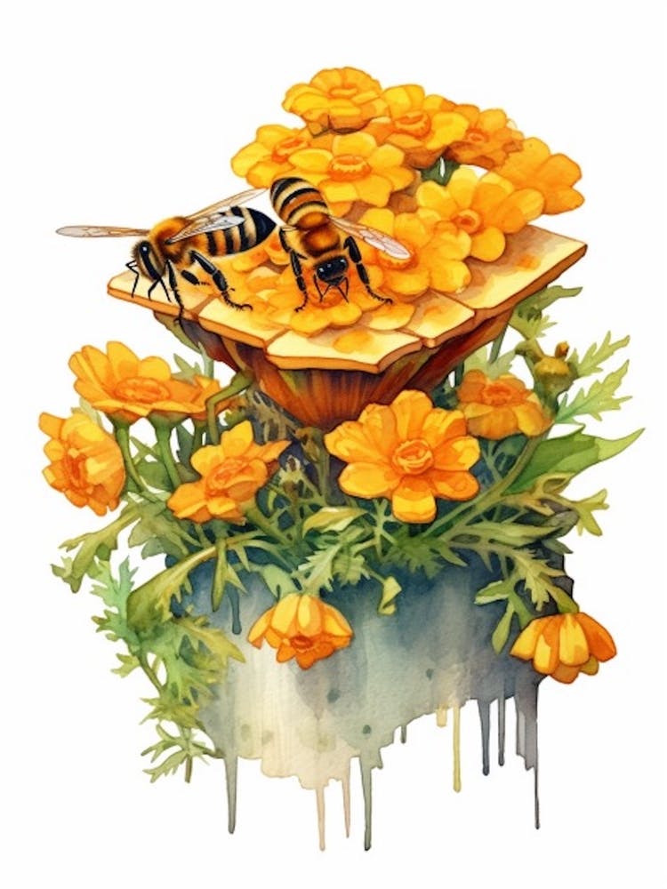 Beehive With Marigold Watercolour Illustration 2