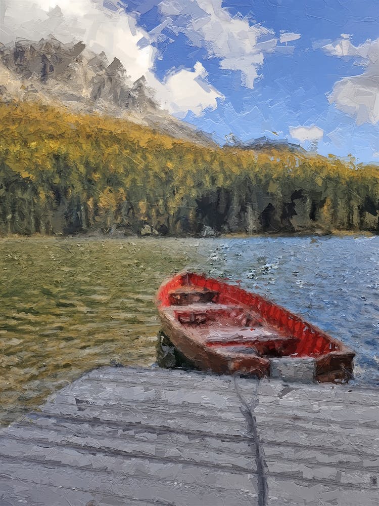 Boat At The Pier Near The Mountains Oil Painting Landscape