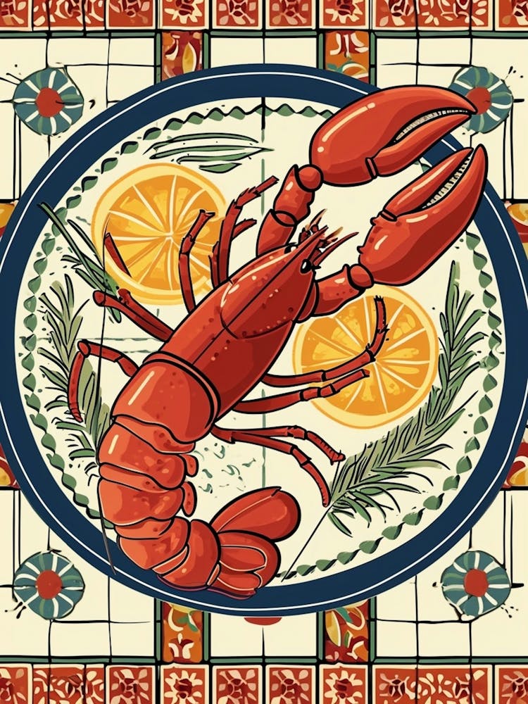 Lobster On A Plate With A Tiled Background 3