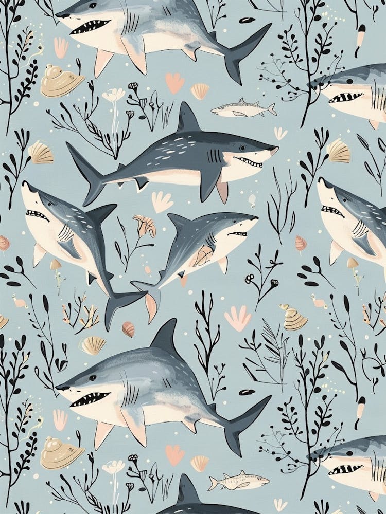 Pastel Blue Smallscale Cookiecutter Shark Watercolour Seascape Pattern 2