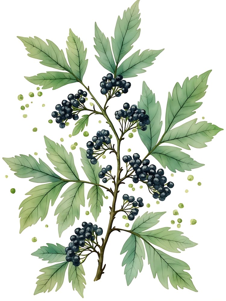 Watercolor Elderberry Leaves with Sage Green Detail