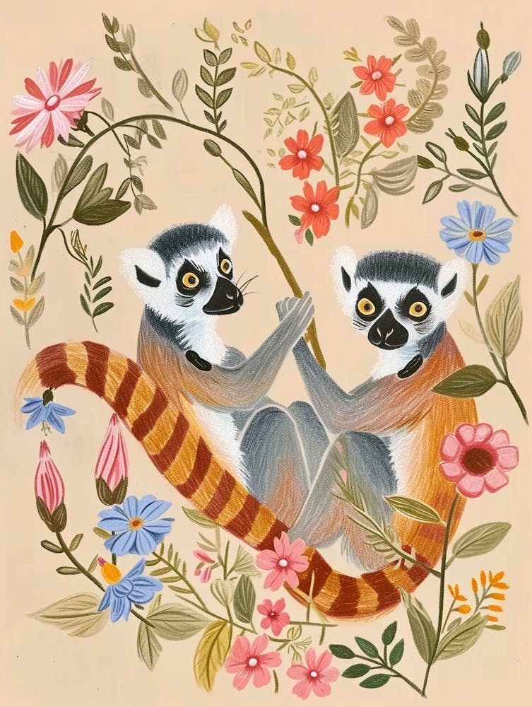 Folksy Floral Animal Drawing Lemur 2