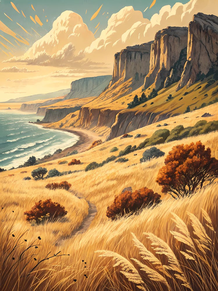 Oil Painting Style Dry Grassland And Cliffs