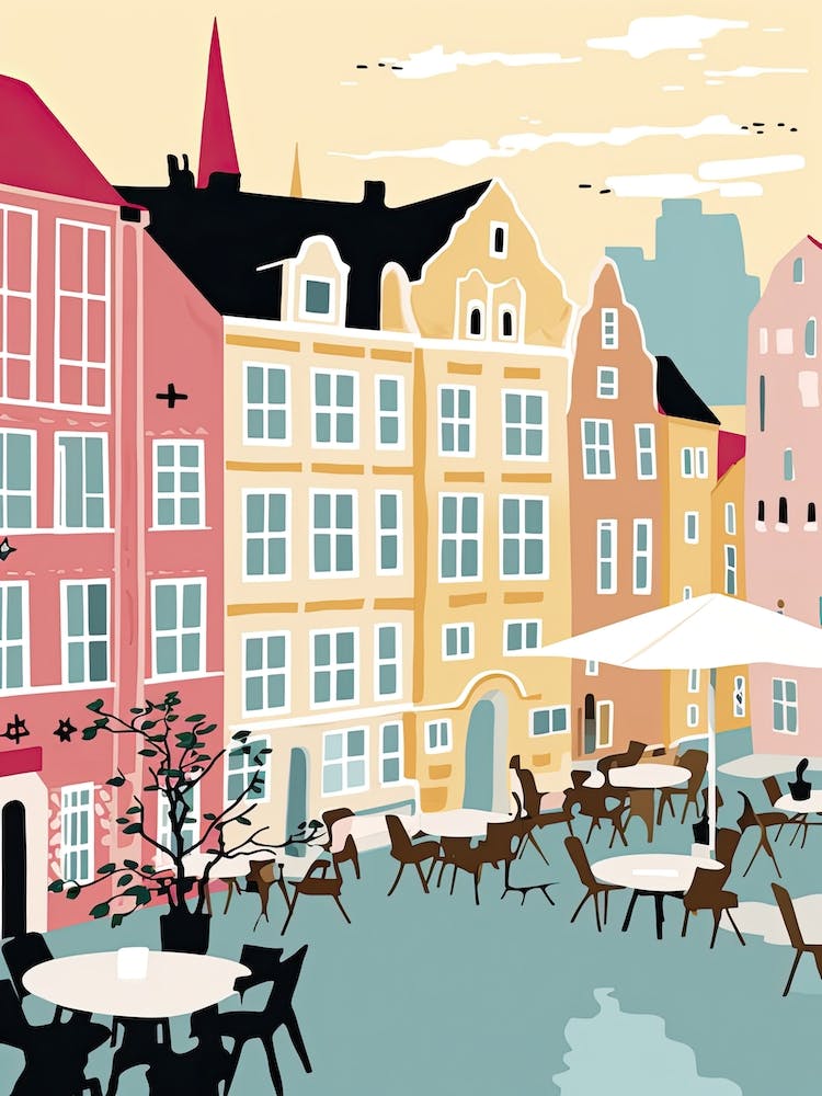 Allborg, Denmark, Flat Pastels Tones Illustration 4