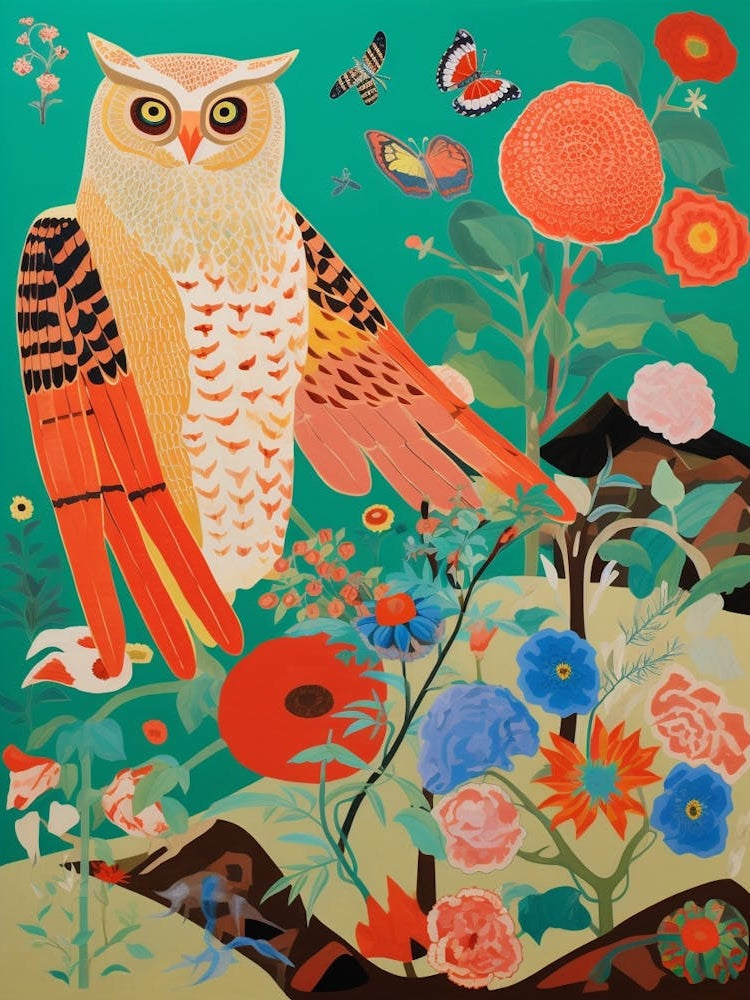 Maximalist Bird Painting Eastern Screech Owl 3