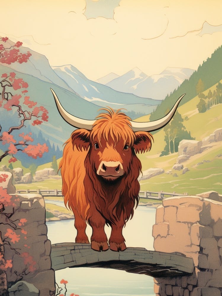 Sweet Animated Highland Cow On The Bridge