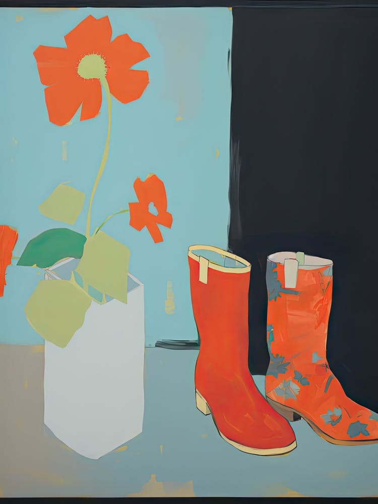 A Painting Of Cowboy Boots With Red Flowers, Pop Art Style 1