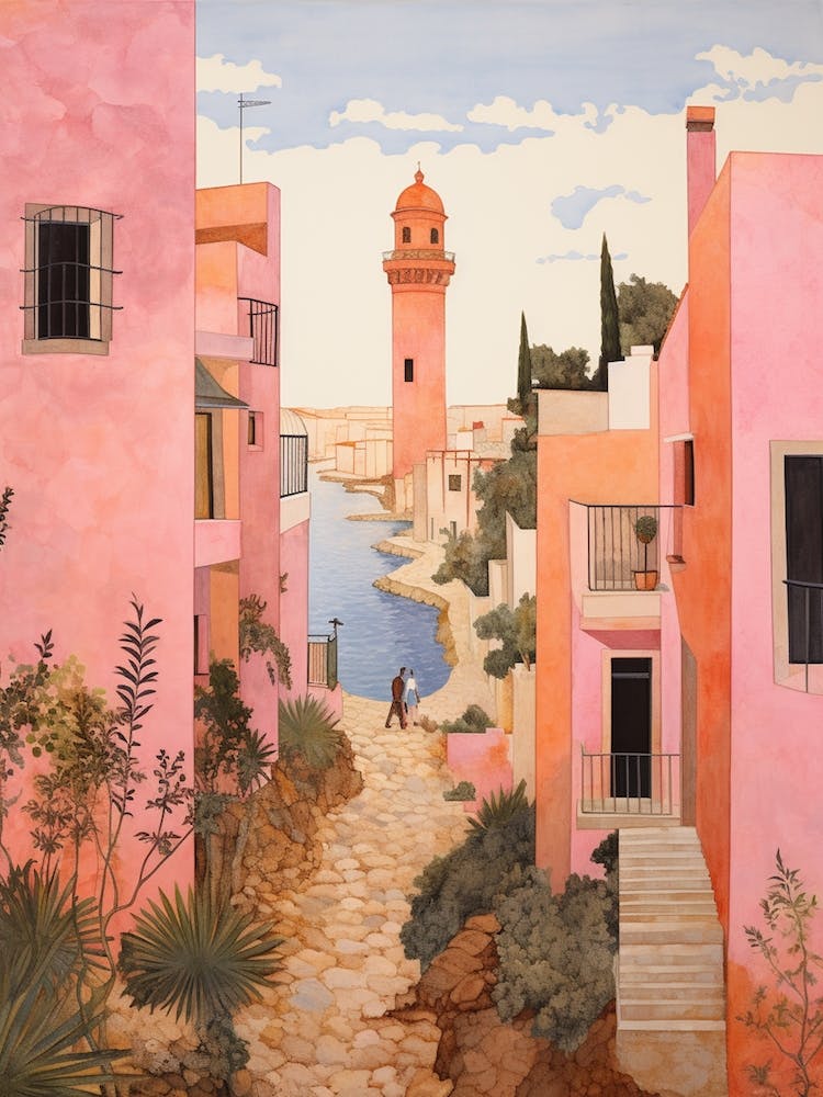 Faro Portugal 8 Vintage Pink Travel Illustration