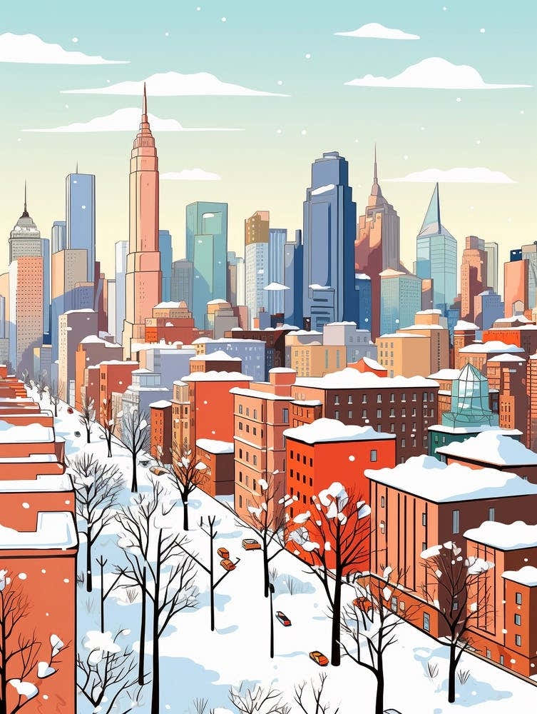 Retro Winter Illustration New York City Usa