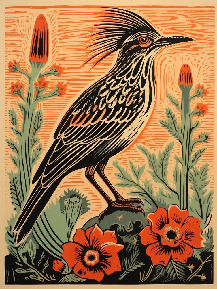 Vintage Bird Linocut Roadrunner 3