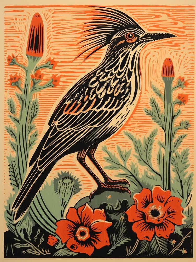 Vintage Bird Linocut Roadrunner 3