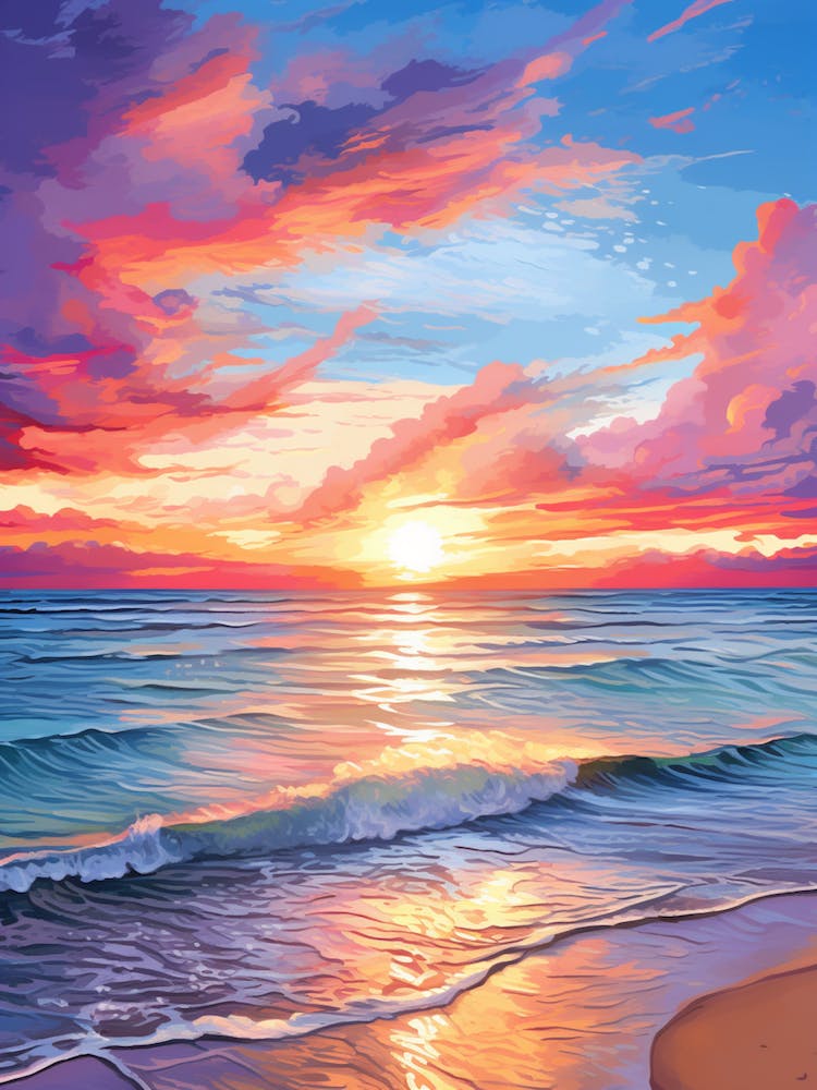 Grace Bay Beach Turks And Caicos At Sunset, Vibrant Painting 4
