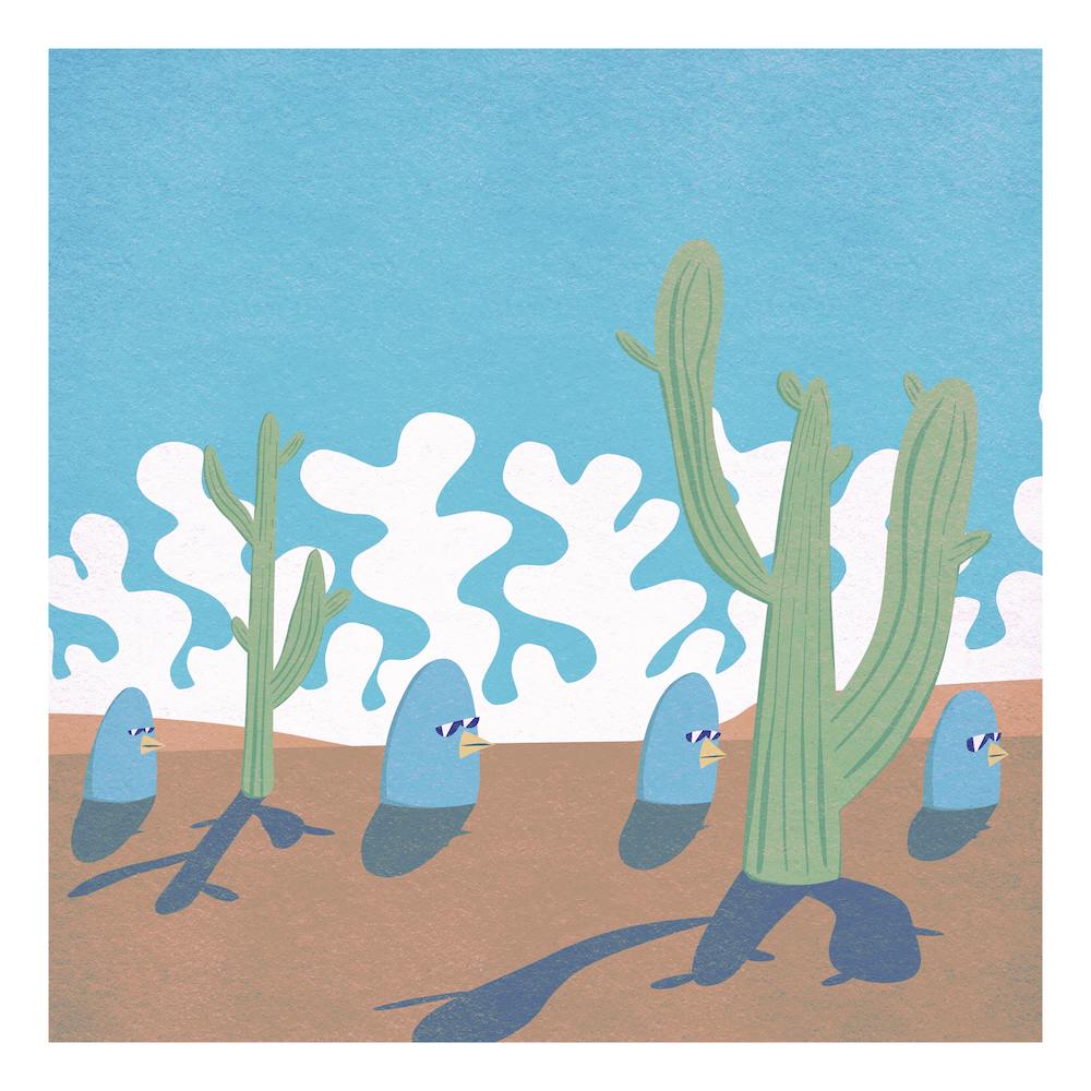 Birds In The Desert, cactus, landscape, cartoon, illustration, wall art