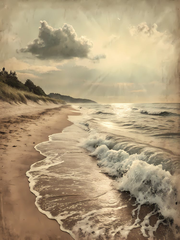 Soft Waves Crashing On An Empty Beach Aged Style