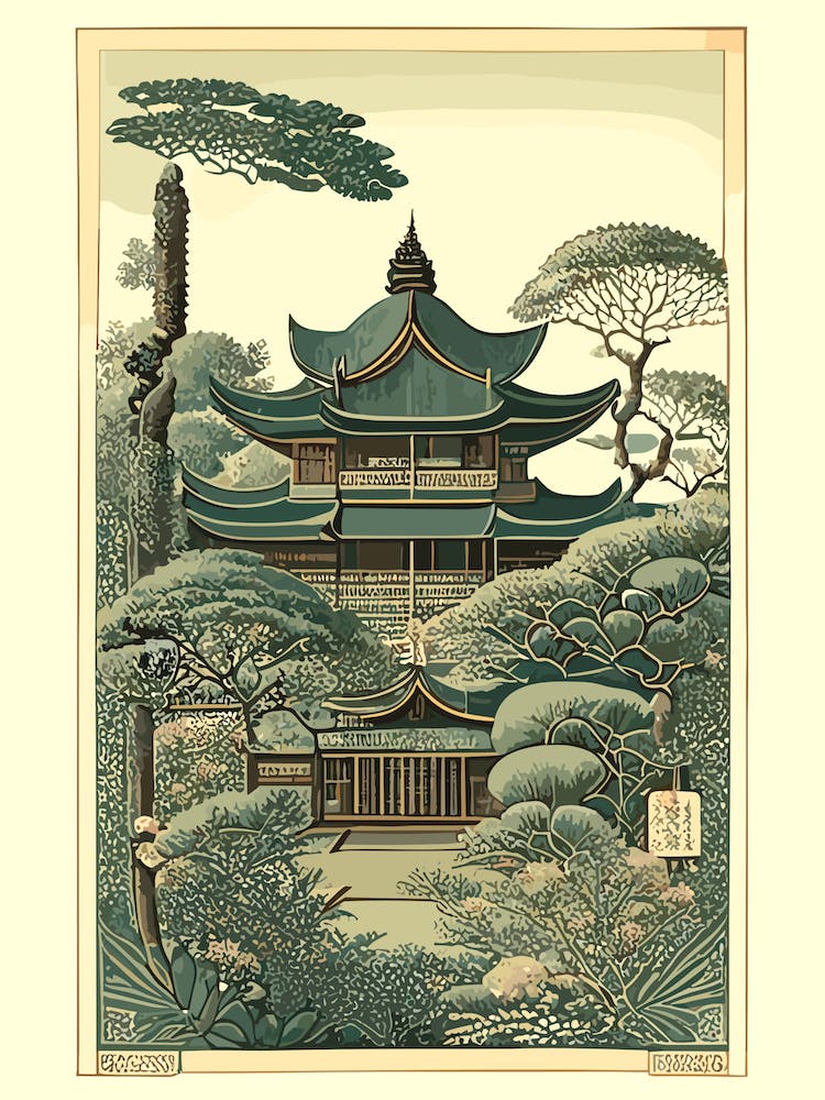 Ninna Ji Temple, Japan Vintage Botanical