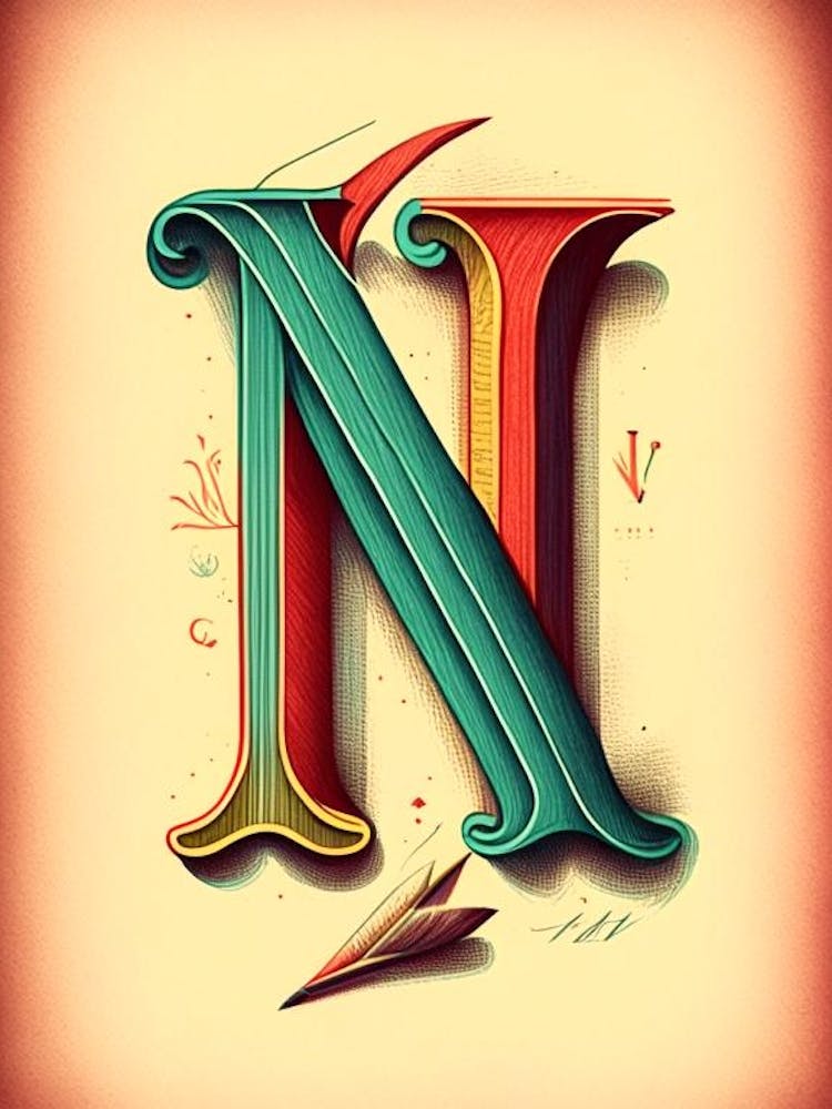 N, Letter, Alphabet Vintage Sketch 1