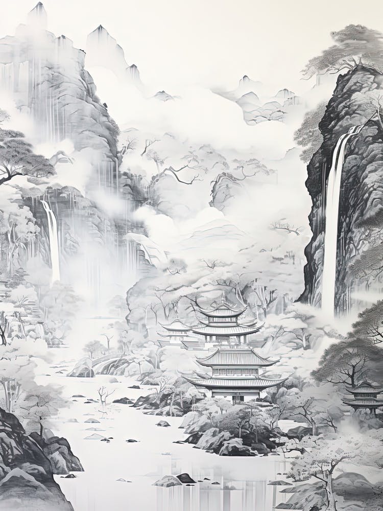 Iya Valley In Tokushima, Ukiyo E Black And White Line Art Drawing 3