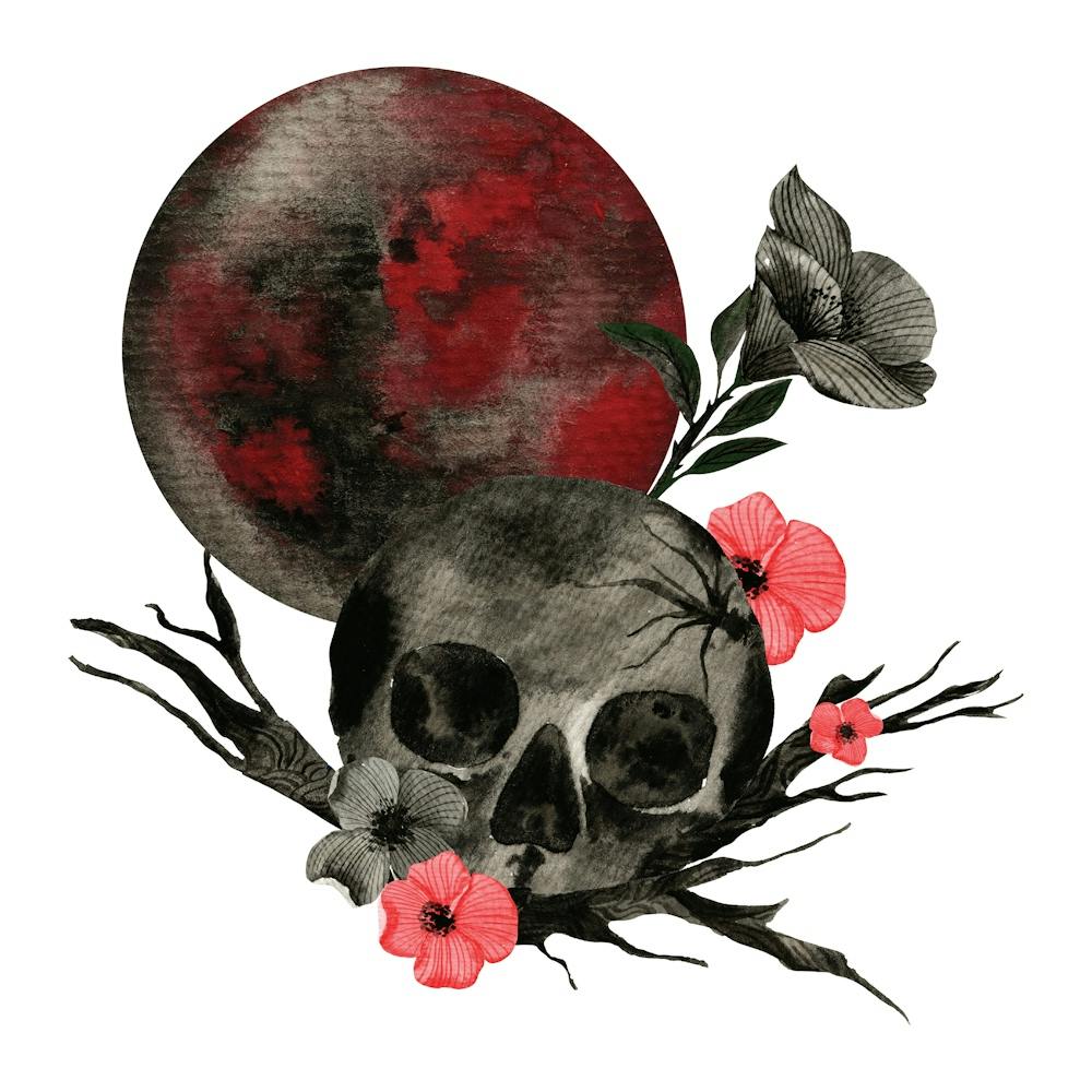 Blood moon and skull with flowers