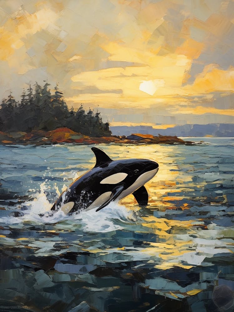 Cloudy Sun And Orca Whale Impasto Style