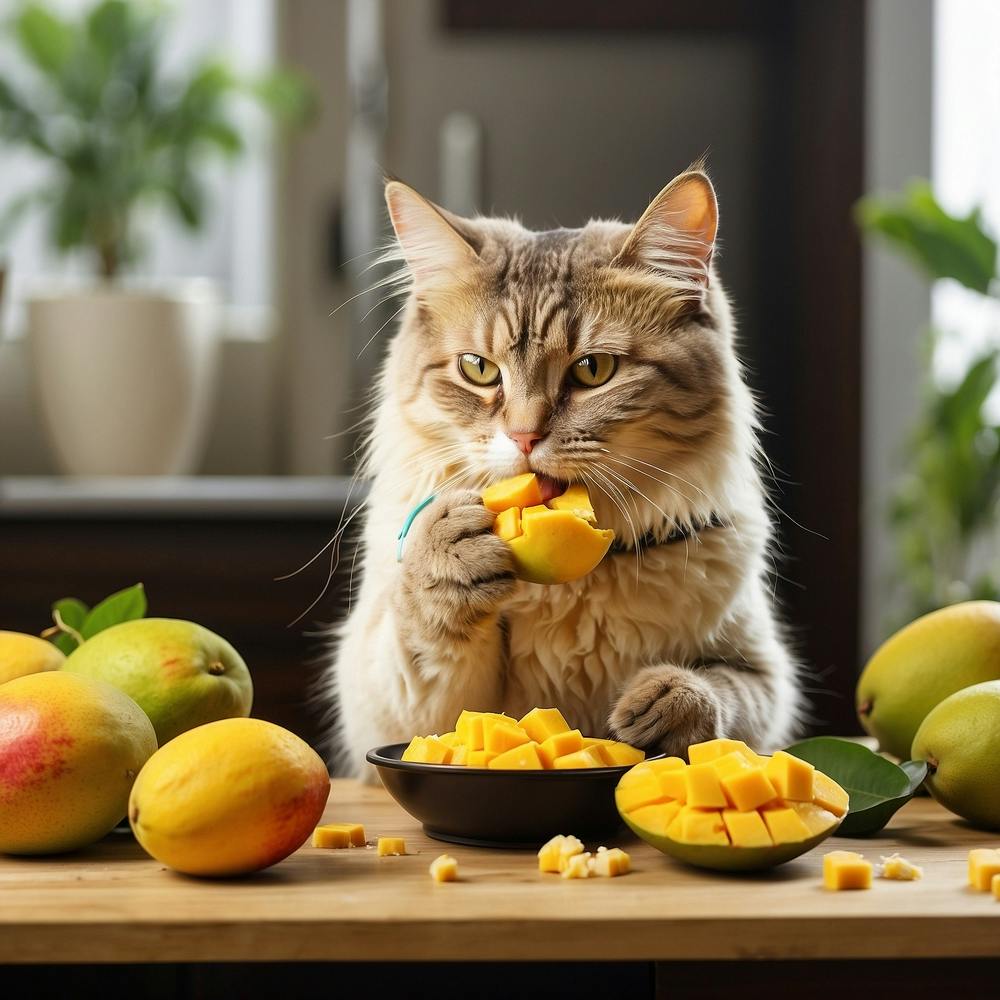 A Cat Eating Delicious Mango