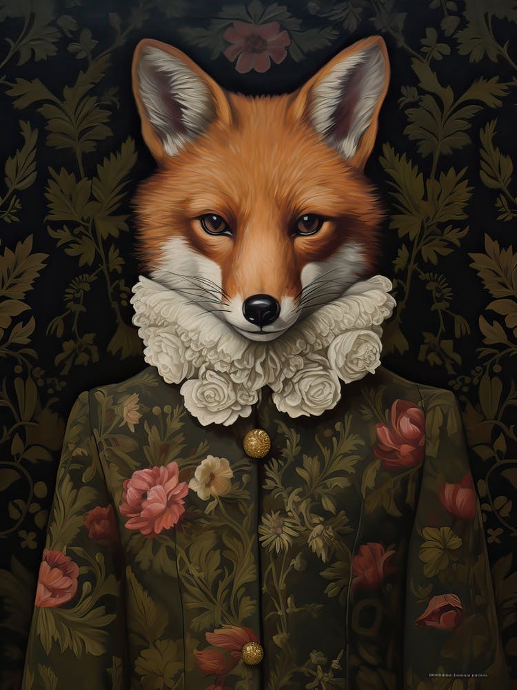 Fox Portrait With Rustic Flowers 2