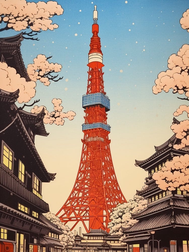 Tokyo Tower, Japan Vintage Travel Art 3