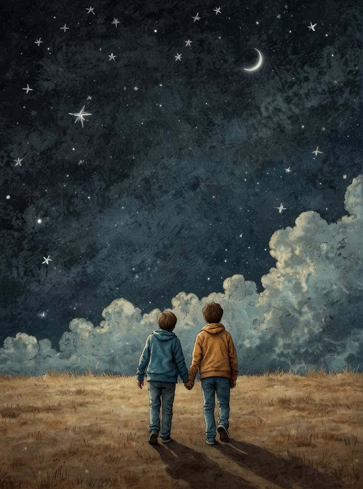 Two Boys Holding Hands Under The Stars