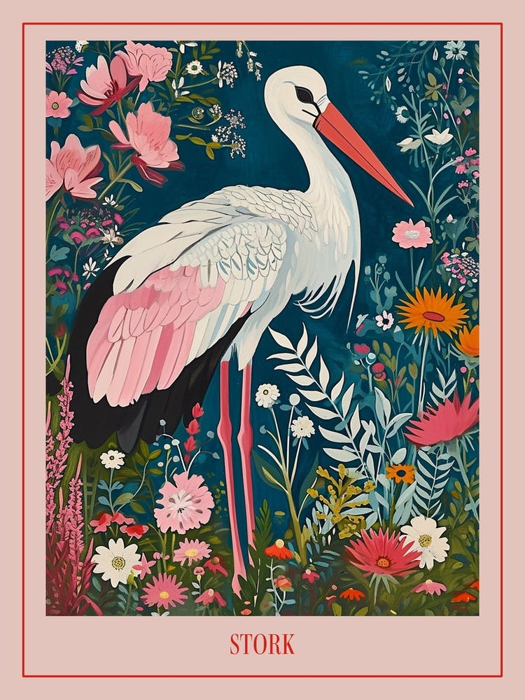 Floral Animal Painting Stork 4 Poster