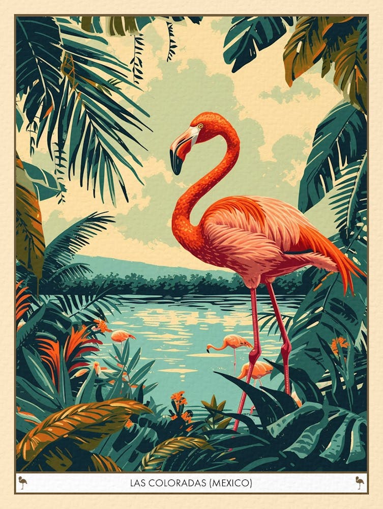 Grand Flamant Rose Las Coloradas Mexique Illustration Tropicale 4 Affiche