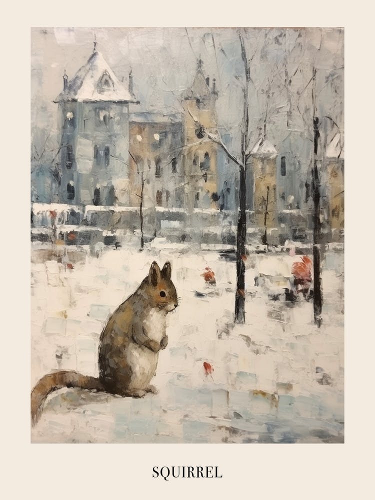 Vintage Winter Tier Malerei Poster Eichhörnchen 1