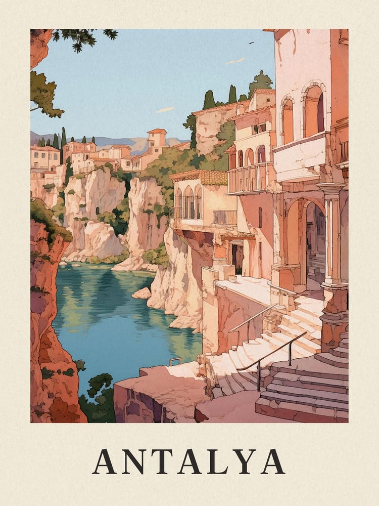 Antalya Turkey 7 Vintage Pink Travel Illustration Poster