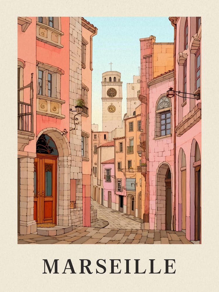 Marseille France 5 Vintage Pink Travel Illustration Poster