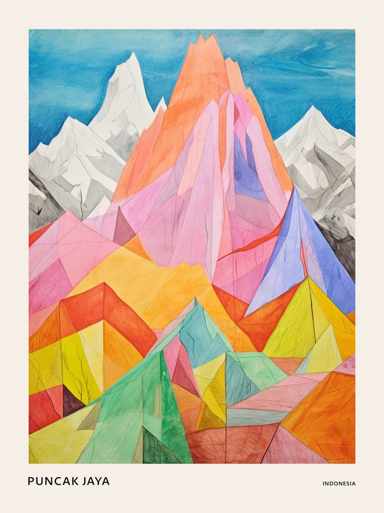 Puncak Jaya Indonesia 1 Colourful Mountain Illustration Poster