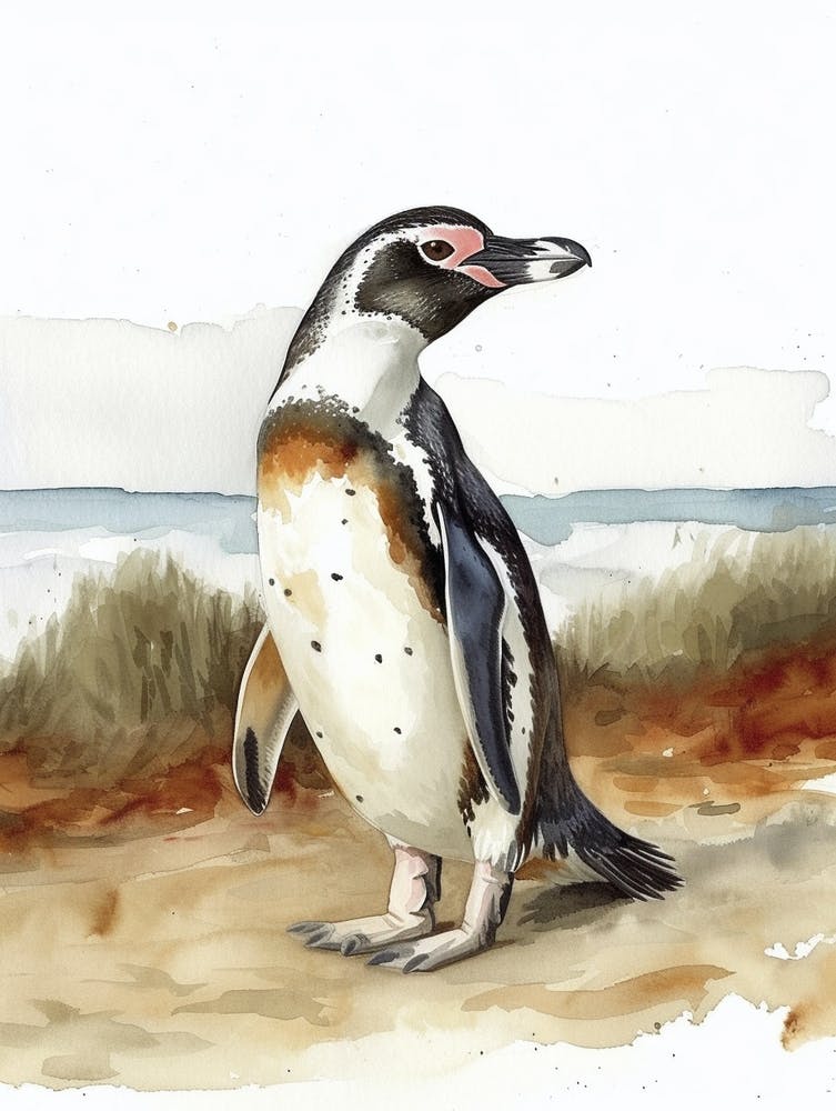 Humboldt Penguin Breakwater Watercolour Painting 2