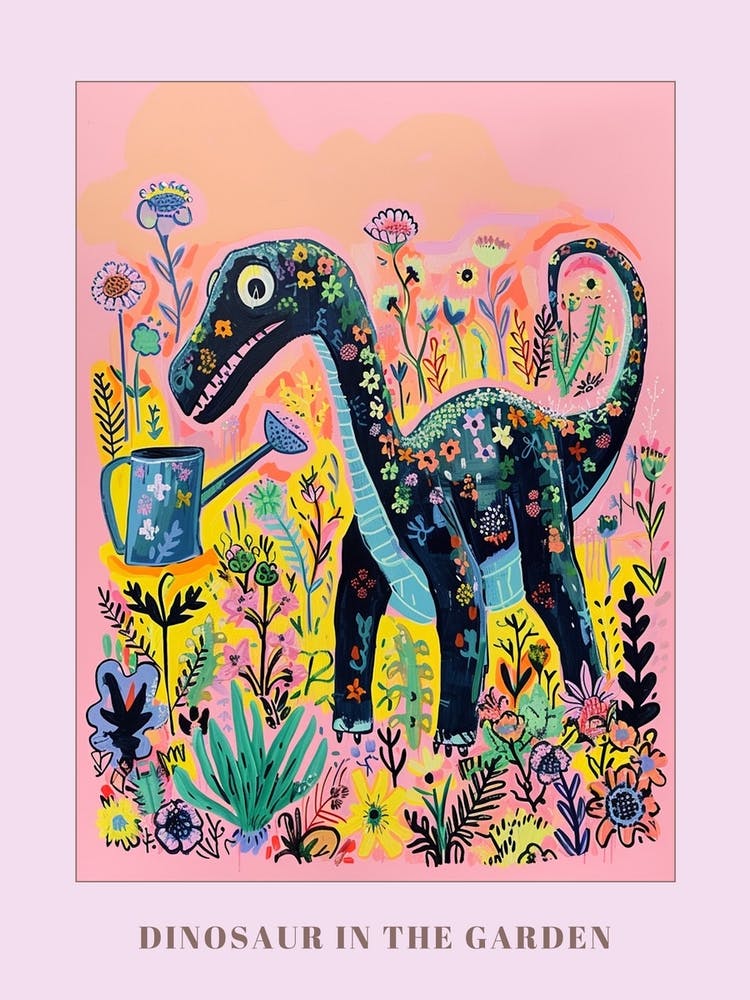 Dinosaur In The Garden Colourful Brushstroke 2 Poster